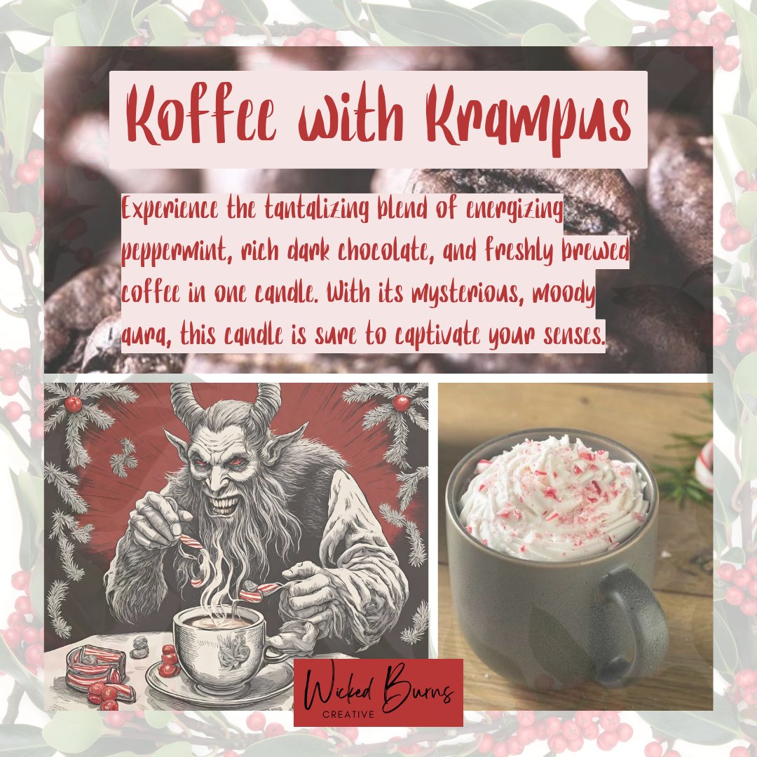 😈☕ Koffee with Krampus – Dark Chocolate, Peppermint Bite & Black Coffee Boldness (13 oz Soy)